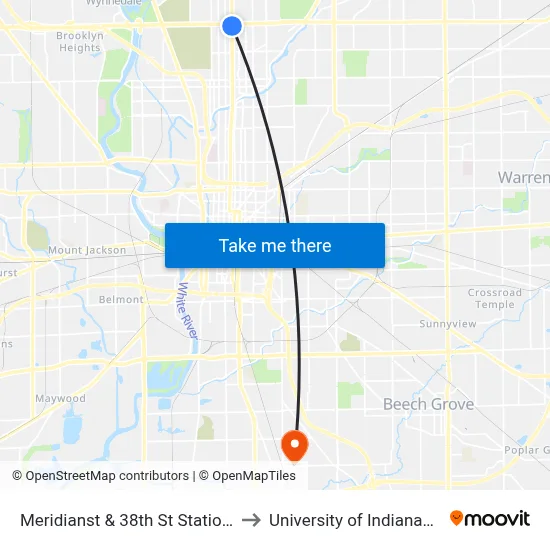 Meridianst & 38th St Station Sb to University of Indianapolis map