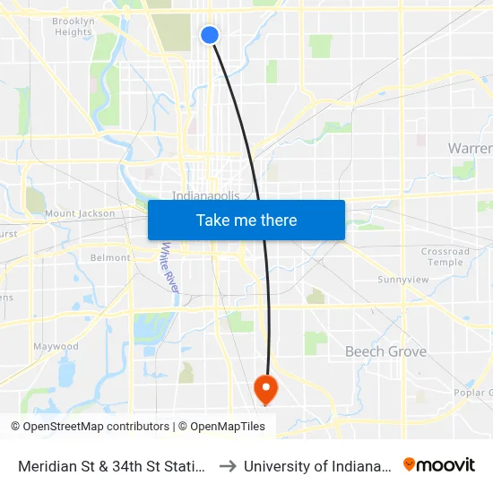 Meridian St & 34th St Station Nb to University of Indianapolis map