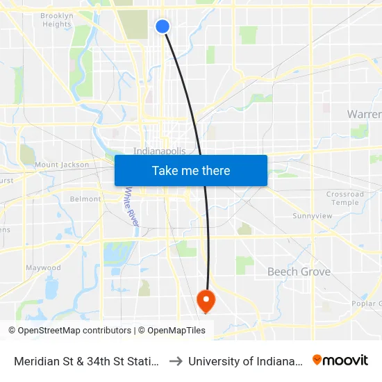 Meridian St & 34th St Station Sb to University of Indianapolis map