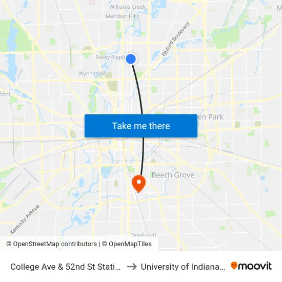 College Ave & 52nd St Station Nb to University of Indianapolis map