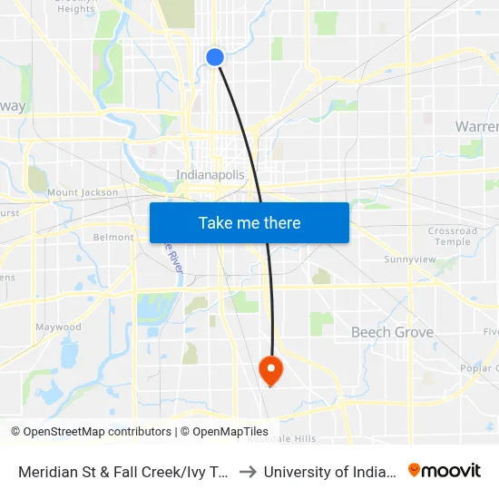Meridian St & Fall Creek/Ivy Tech Statio to University of Indianapolis map