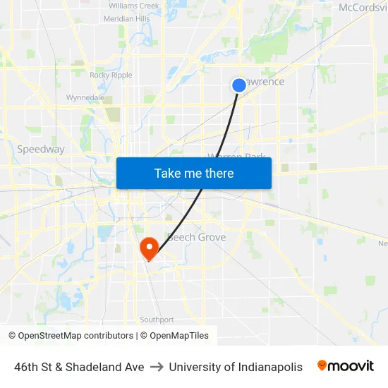 46th St & Shadeland Ave to University of Indianapolis map