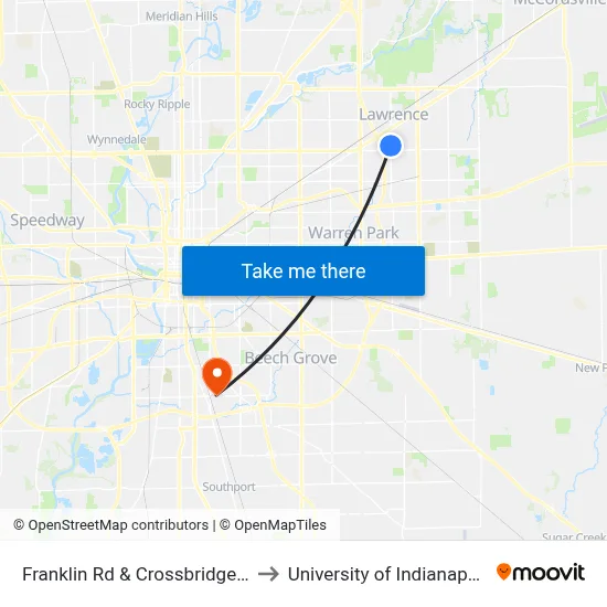 Franklin Rd & Crossbridge Dr to University of Indianapolis map