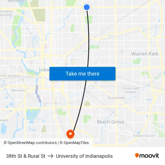 38th St & Rural St to University of Indianapolis map