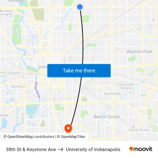 38th St & Keystone Ave to University of Indianapolis map