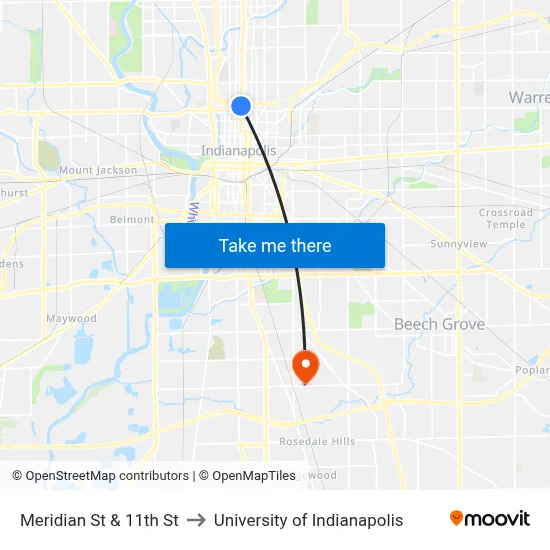 Meridian St & 11th St to University of Indianapolis map