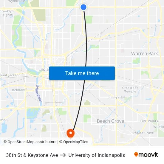 38th St & Keystone Ave to University of Indianapolis map