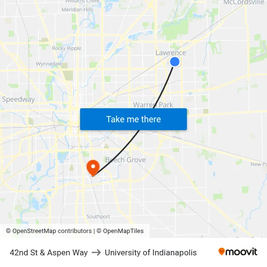 42nd St & Aspen Way to University of Indianapolis map