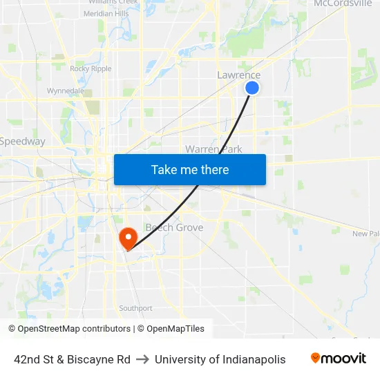 42nd St & Biscayne Rd to University of Indianapolis map