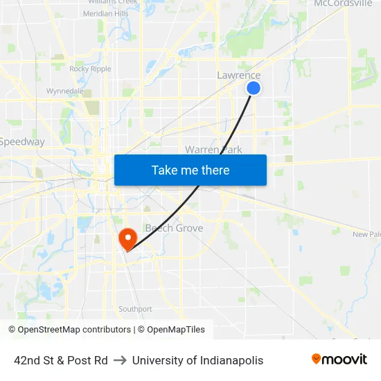 42nd St & Post Rd to University of Indianapolis map