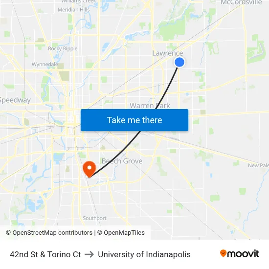 42nd St & Torino Ct to University of Indianapolis map