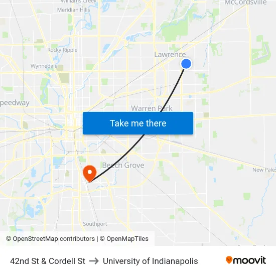 42nd St & Cordell St to University of Indianapolis map