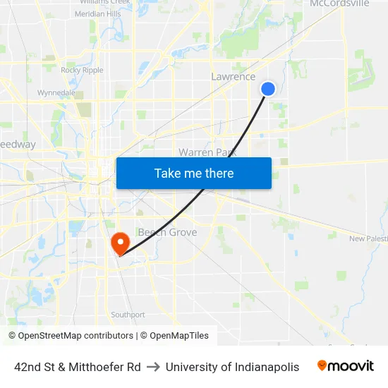 42nd St & Mitthoefer Rd to University of Indianapolis map