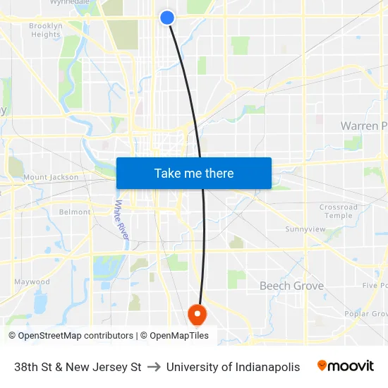 38th St & New Jersey St to University of Indianapolis map