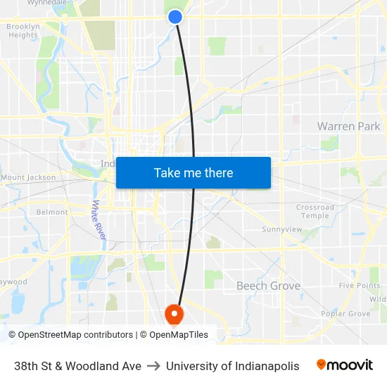 38th St & Woodland Ave to University of Indianapolis map