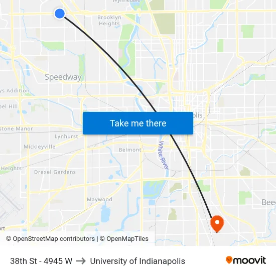 38th St - 4945 W to University of Indianapolis map