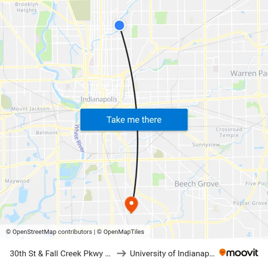 30th St & Fall Creek Pkwy N Dr to University of Indianapolis map