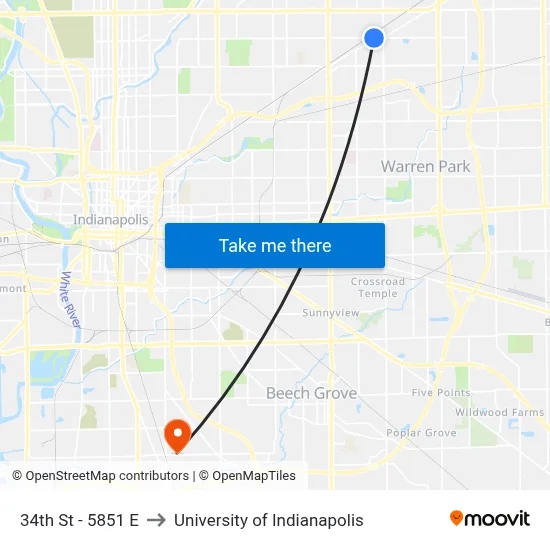 34th St - 5851 E to University of Indianapolis map