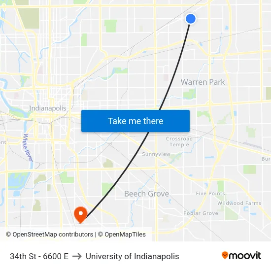 34th St - 6600 E to University of Indianapolis map