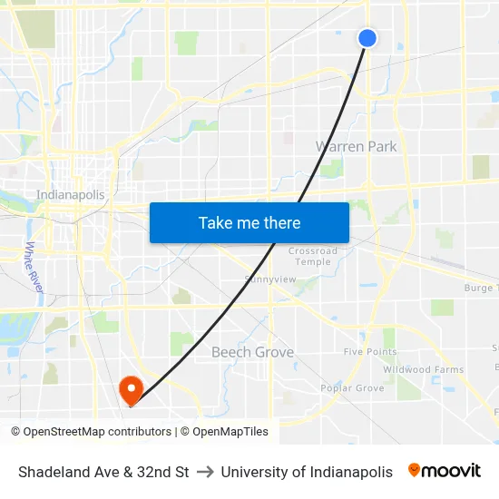 Shadeland Ave & 32nd St to University of Indianapolis map