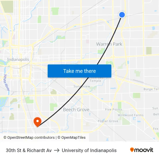 30th St & Richardt Av to University of Indianapolis map