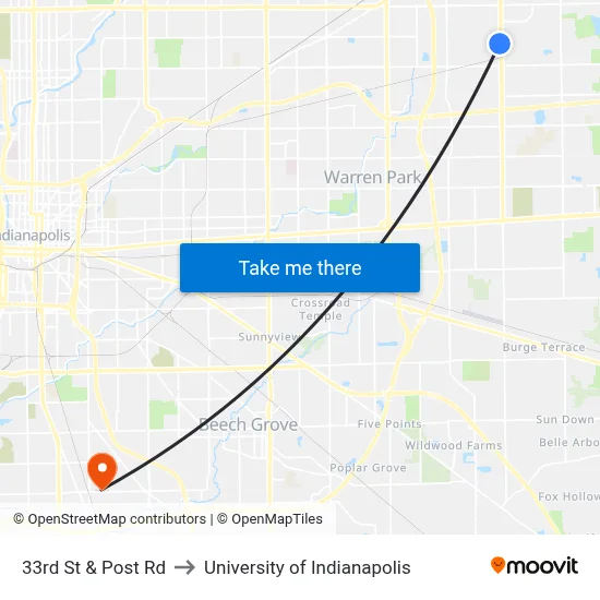 33rd St & Post Rd to University of Indianapolis map