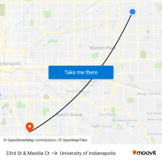 33rd St & Mesilla Ct to University of Indianapolis map