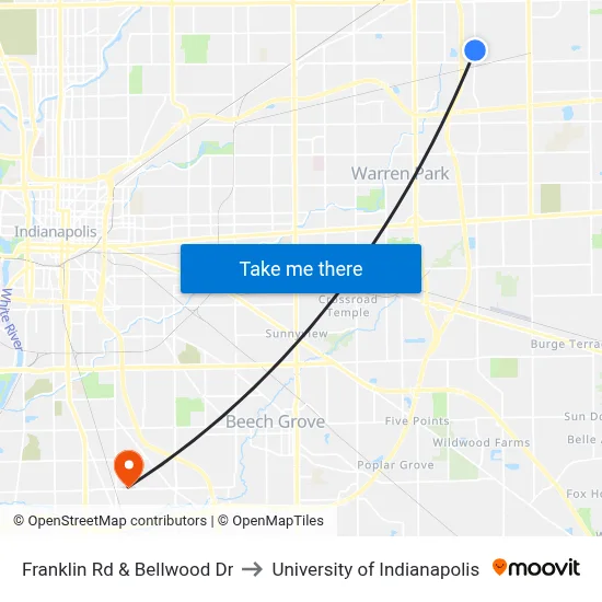 Franklin Rd & Bellwood Dr to University of Indianapolis map