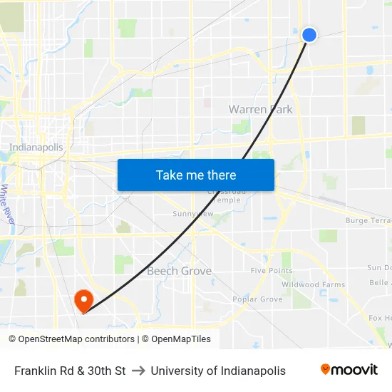 Franklin Rd & 30th St to University of Indianapolis map