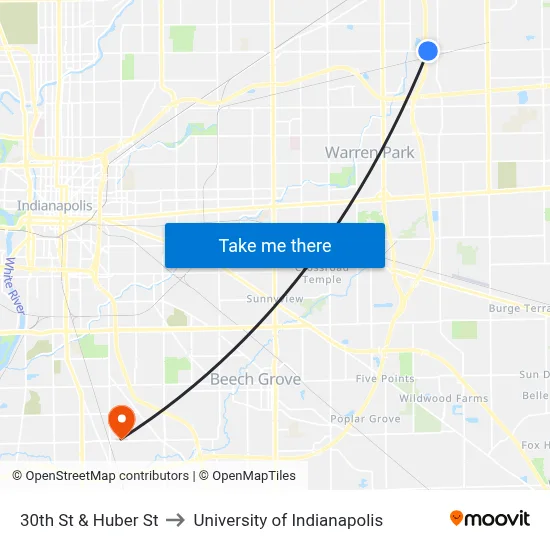 30th St & Huber St to University of Indianapolis map