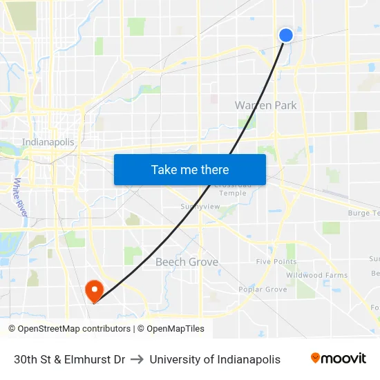 30th St & Elmhurst Dr to University of Indianapolis map