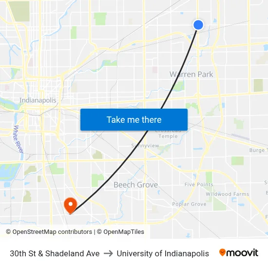 30th St & Shadeland Ave to University of Indianapolis map