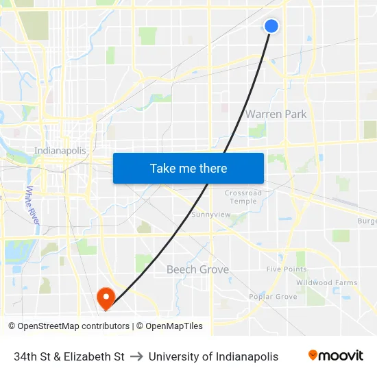 34th St & Elizabeth St to University of Indianapolis map