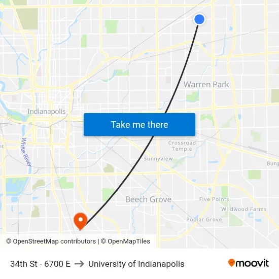 34th St - 6700 E to University of Indianapolis map