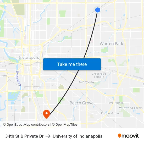 34th St & Private Dr to University of Indianapolis map