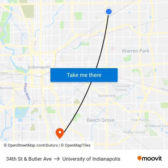 34th St & Butler Ave to University of Indianapolis map
