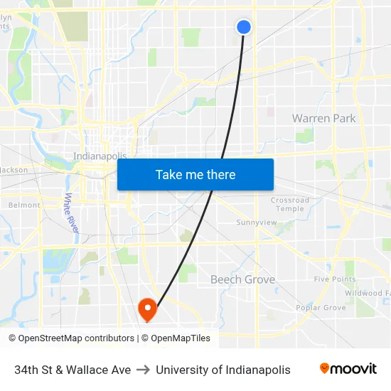34th St & Wallace Ave to University of Indianapolis map