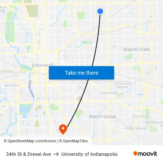 34th St & Drexel Ave to University of Indianapolis map
