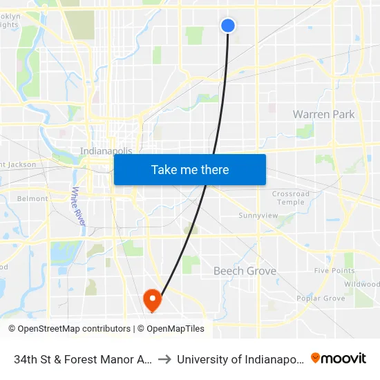 34th St & Forest Manor Ave to University of Indianapolis map