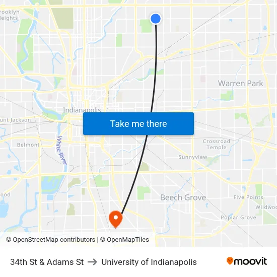 34th St & Adams St to University of Indianapolis map