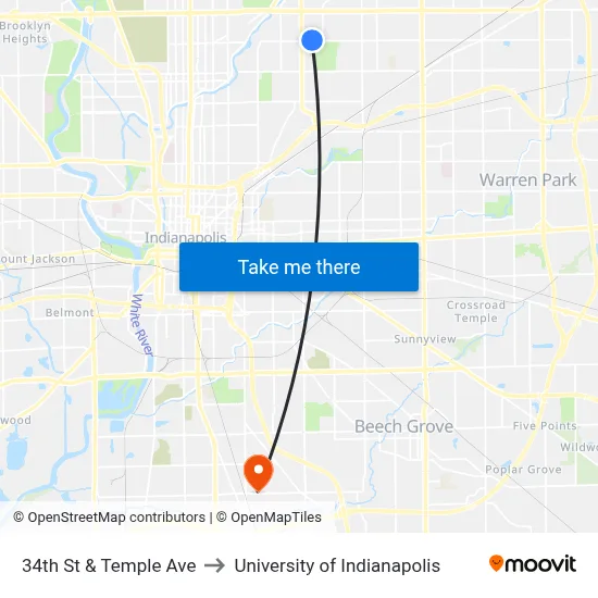 34th St & Temple Ave to University of Indianapolis map