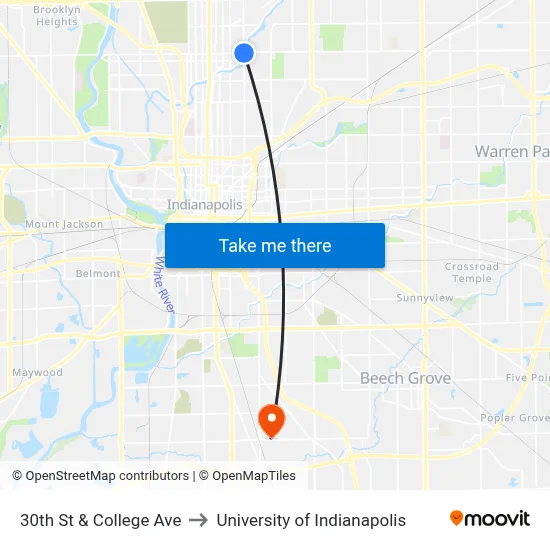 30th St & College Ave to University of Indianapolis map