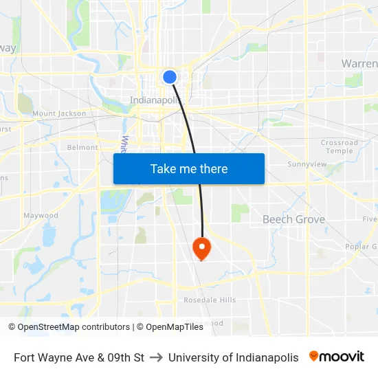 Fort Wayne Ave & 09th St to University of Indianapolis map