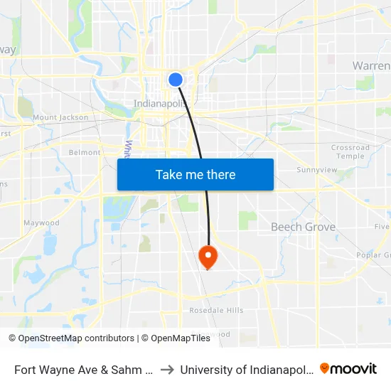 Fort Wayne Ave & Sahm St to University of Indianapolis map