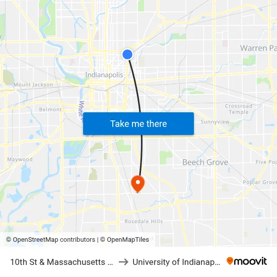 10th St & Massachusetts Ave to University of Indianapolis map