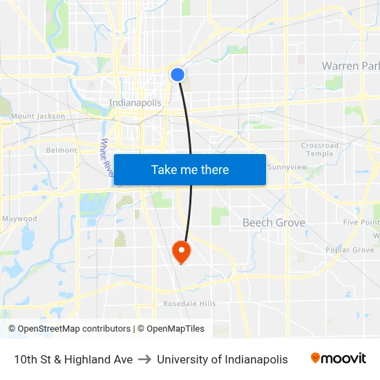 10th St & Highland Ave to University of Indianapolis map