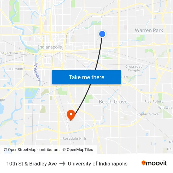 10th St & Bradley Ave to University of Indianapolis map