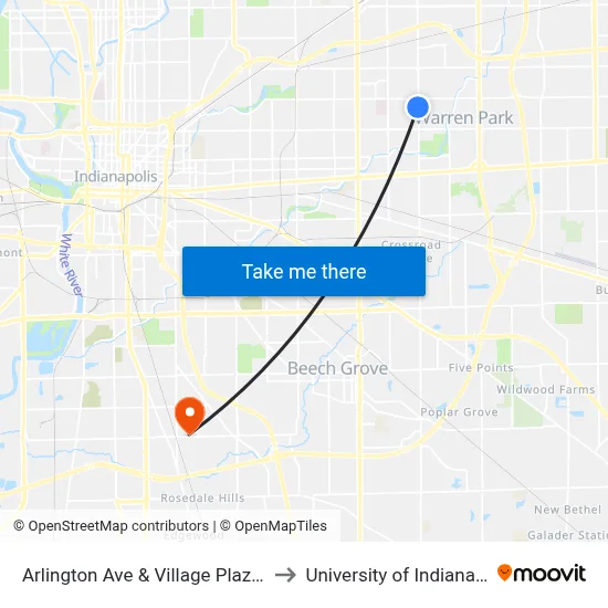 Arlington Ave & Village Plaza N Dr to University of Indianapolis map