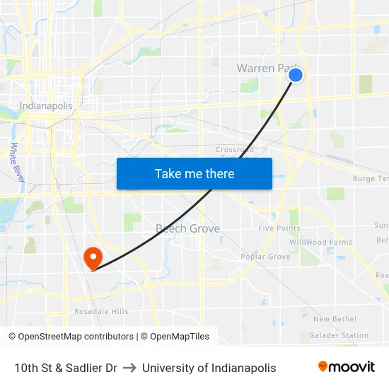 10th St & Sadlier Dr to University of Indianapolis map