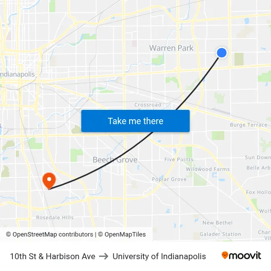 10th St & Harbison Ave to University of Indianapolis map